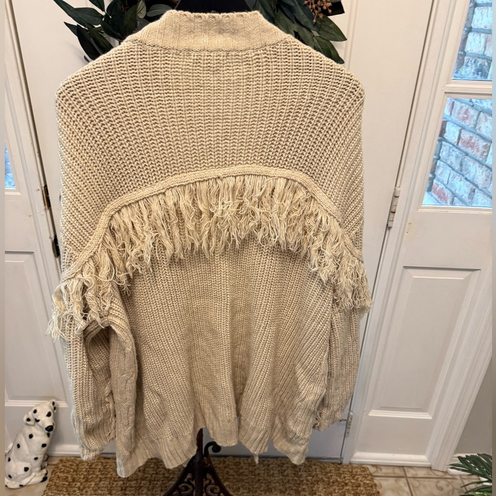 Cato Boho Beige Chunky Cable Knit Open Front Cardigan Sweater w Fringe 22W 24W - Picture 2 of 9
